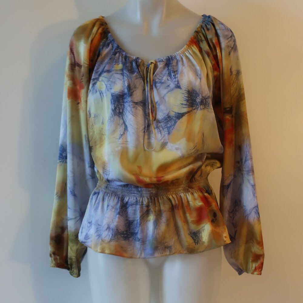 Womens Calvin Klein Blue Gold Yellow Floral Satin Peplum Blouse Top M *
